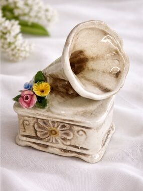 Vintage Porcelain Gramophone Figurine Hand Painted Floral Phonograph Decor